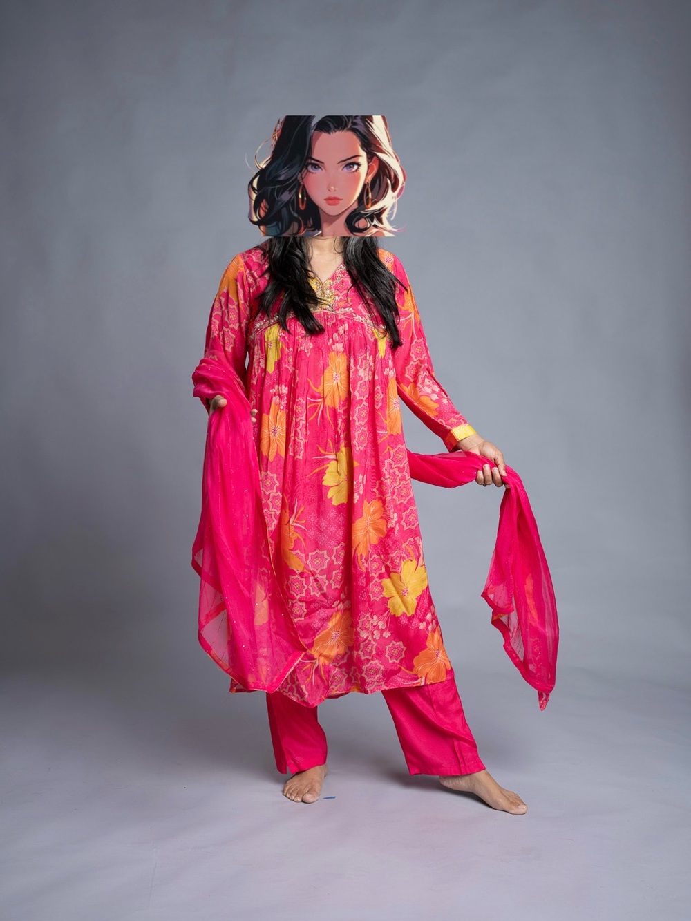 Pink Floral Women Kurta Set with Dupatta